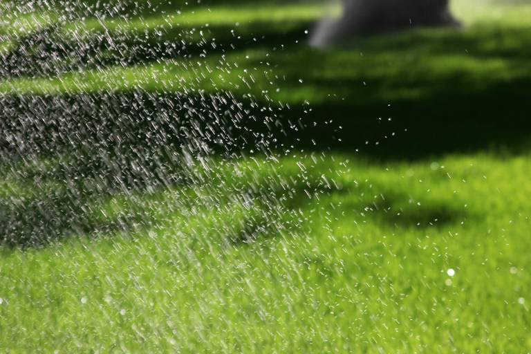 Arroseur automatique escamotable arrosant une pelouse de jardin
