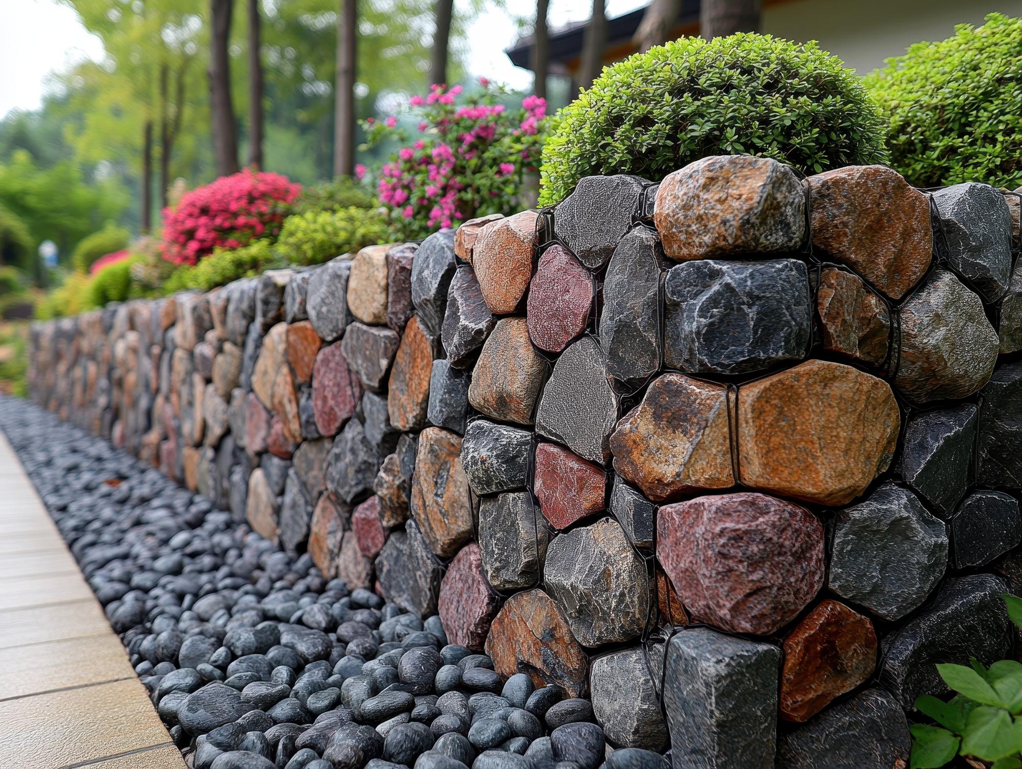 clôture en gabion remplie de pierres dans un jardin moderne à Rennes