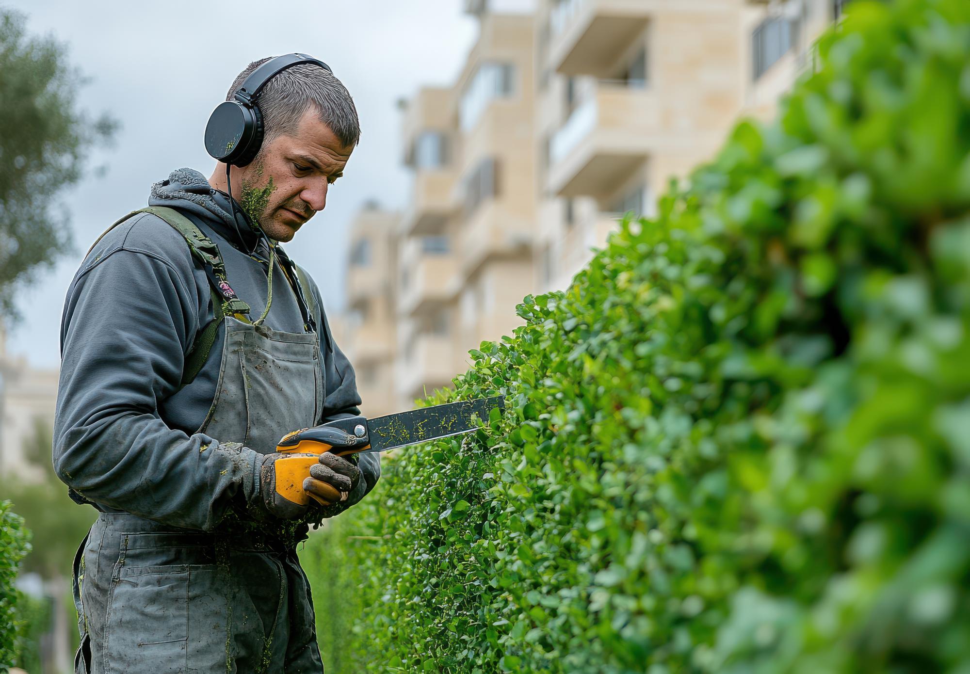 Contrat d'entretien des espaces verts en copropriété : maîtriser vos dépenses et sécuriser votre résidence 1 jardinier professionnel taillant une haie dans une résidence en copropriété