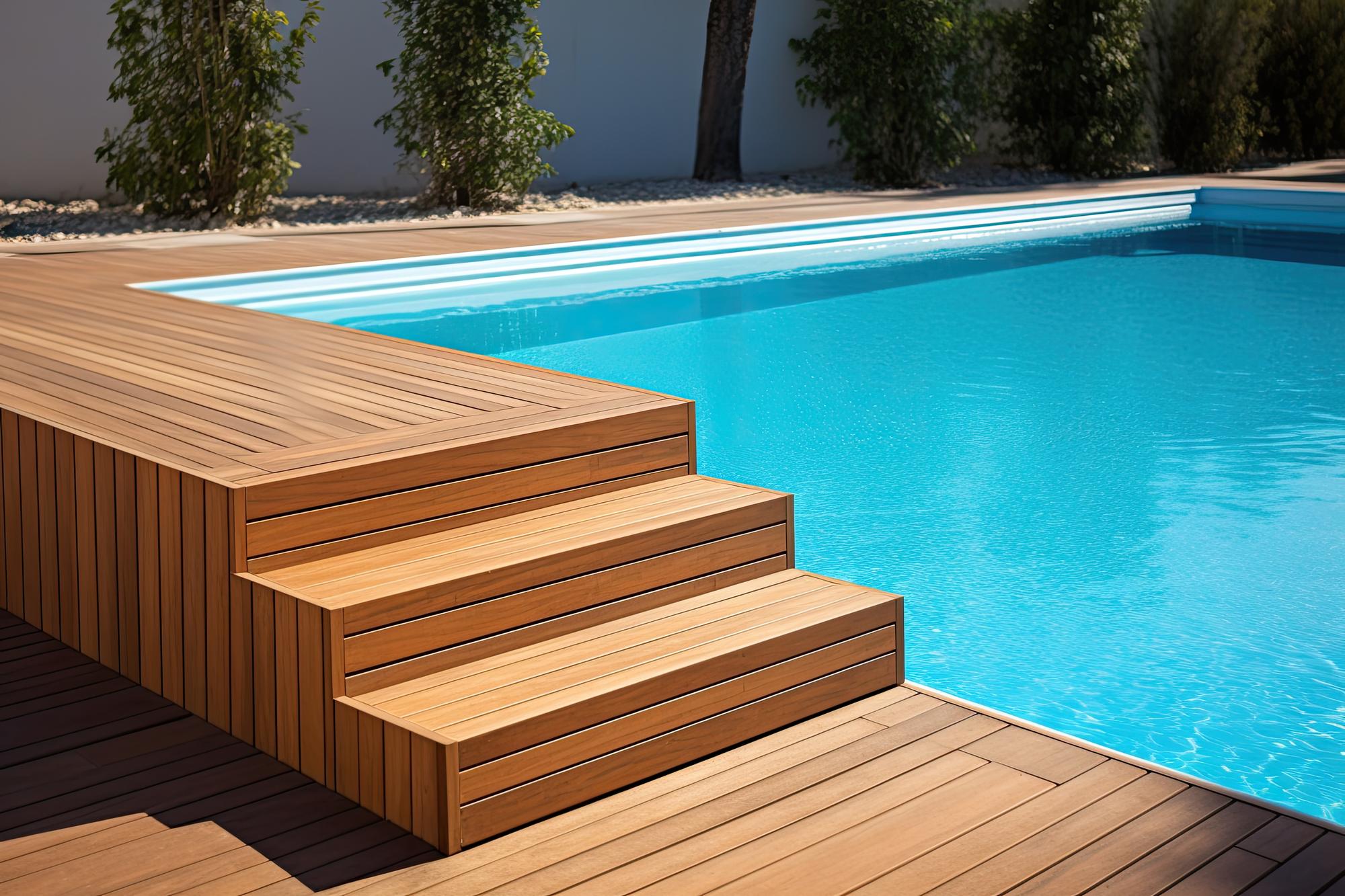 piscine paysagée intégrée au jardin avec terrasse bois et aménagement paysager