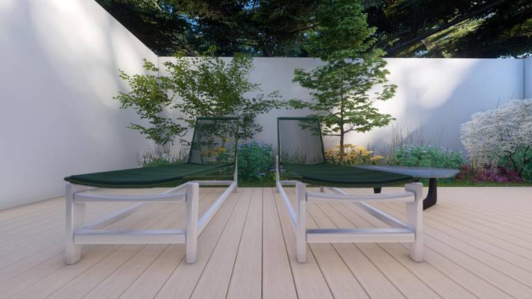 Terrasse extérieure en lames composite aménagée dans un jardin
