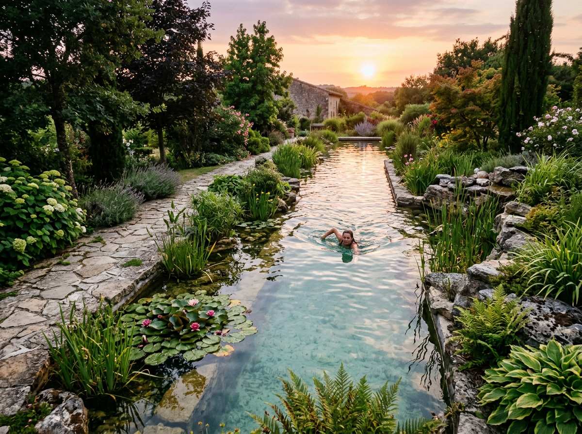 couloir de nage en eau naturelle avec zone de lagunage et plantes aquatiques