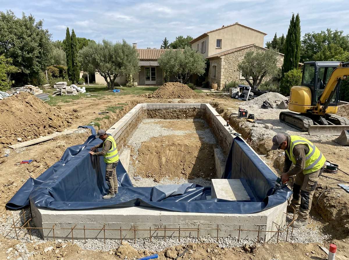 terrassement et pose du liner d'un couloir de nage devant une maison provençale
