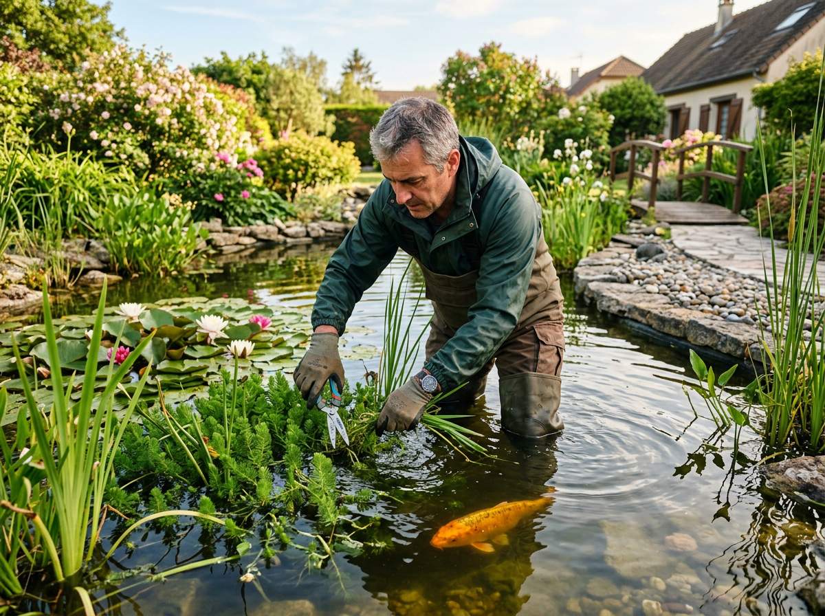 paysagiste taillant les plantes aquatiques d'un bassin naturel avec un poisson koï