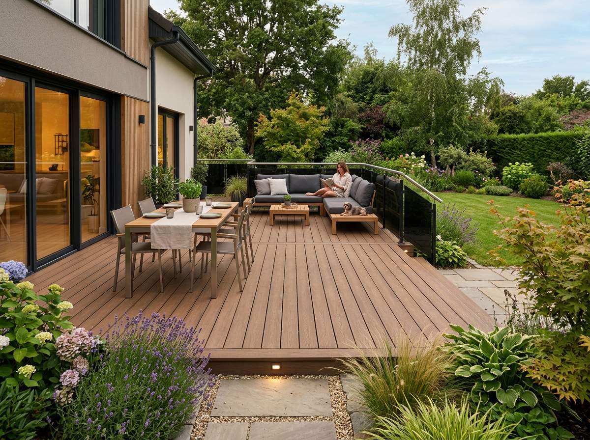 Durée de vie terrasse composite : conseils pour la faire durer 30 ans et plus 1 durée de vie terrasse composite : lames modernes posées dans un jardin résidentiel
