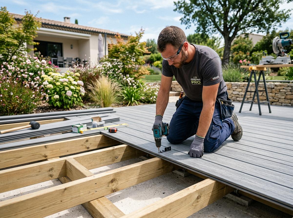 Durée de vie terrasse composite : conseils pour la faire durer 30 ans et plus 2 pose de lames de terrasse composite par un paysagiste professionnel pour garantir la durée de vie