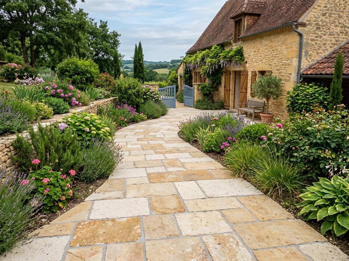 allée pavage dallage extérieur avec pavés en pierre naturelle