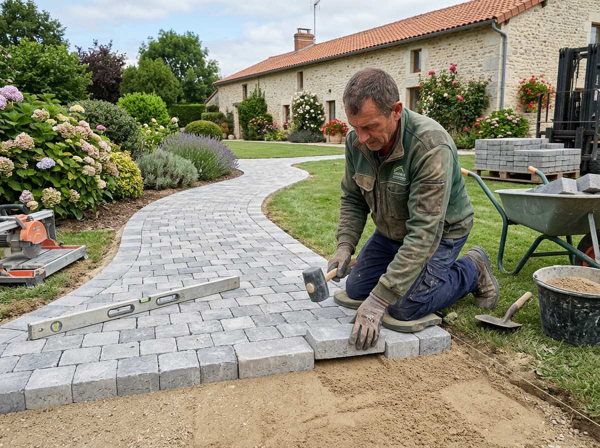 pose de pavage extérieur allée dallage par un artisan paysagiste