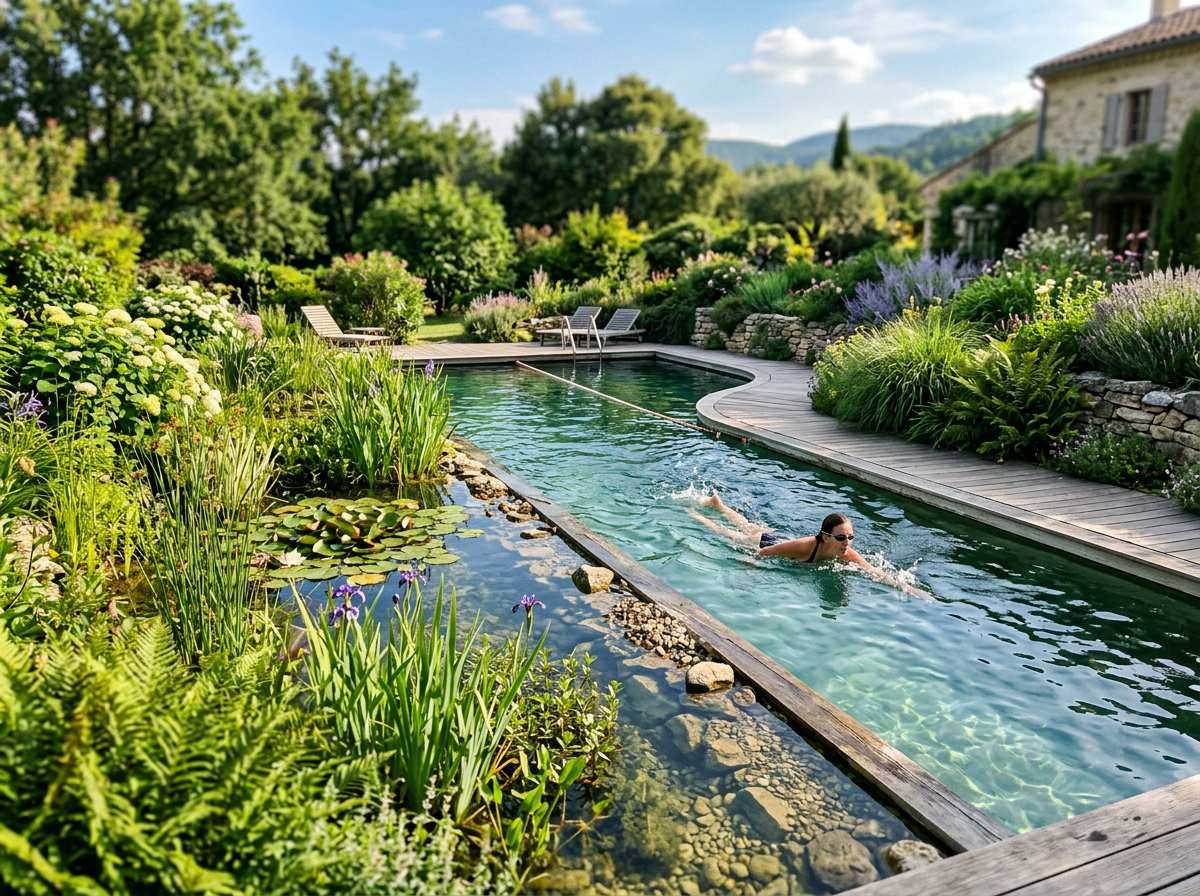 Piscine biologique avec couloir de nage : Construction sur mesure, devis gratuit et budget optimisé 1 piscine biologique avec couloir de nage intégrée dans un jardin paysager