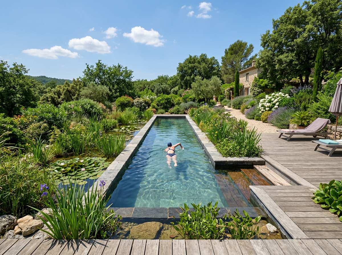 Piscine biologique avec couloir de nage : Construction sur mesure, devis gratuit et budget optimisé 2 couloir de nage naturel avec zone de régénération végétale et margelles en pierre