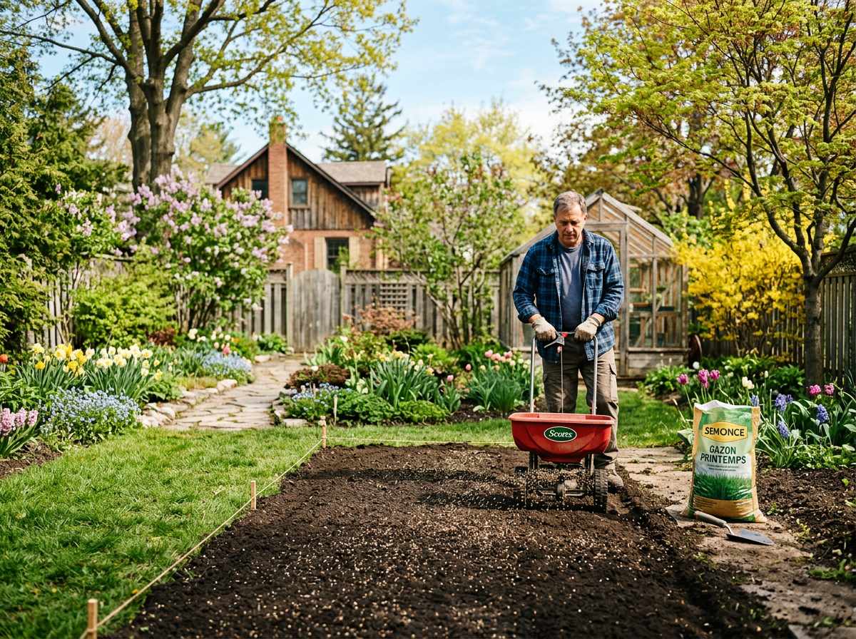 quand semer un gazon : semis de printemps dans un jardin ensoleillé