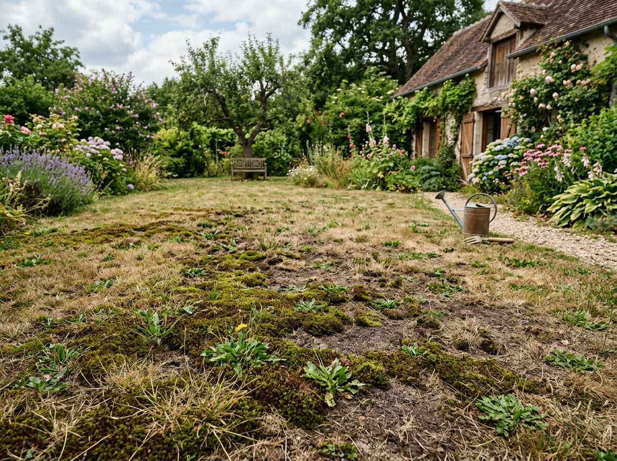 Refaire sa pelouse : guide complet pour obtenir un gazon magnifique étape par étape 1 pelouse abîmée et sèche à rénover dans un jardin en été