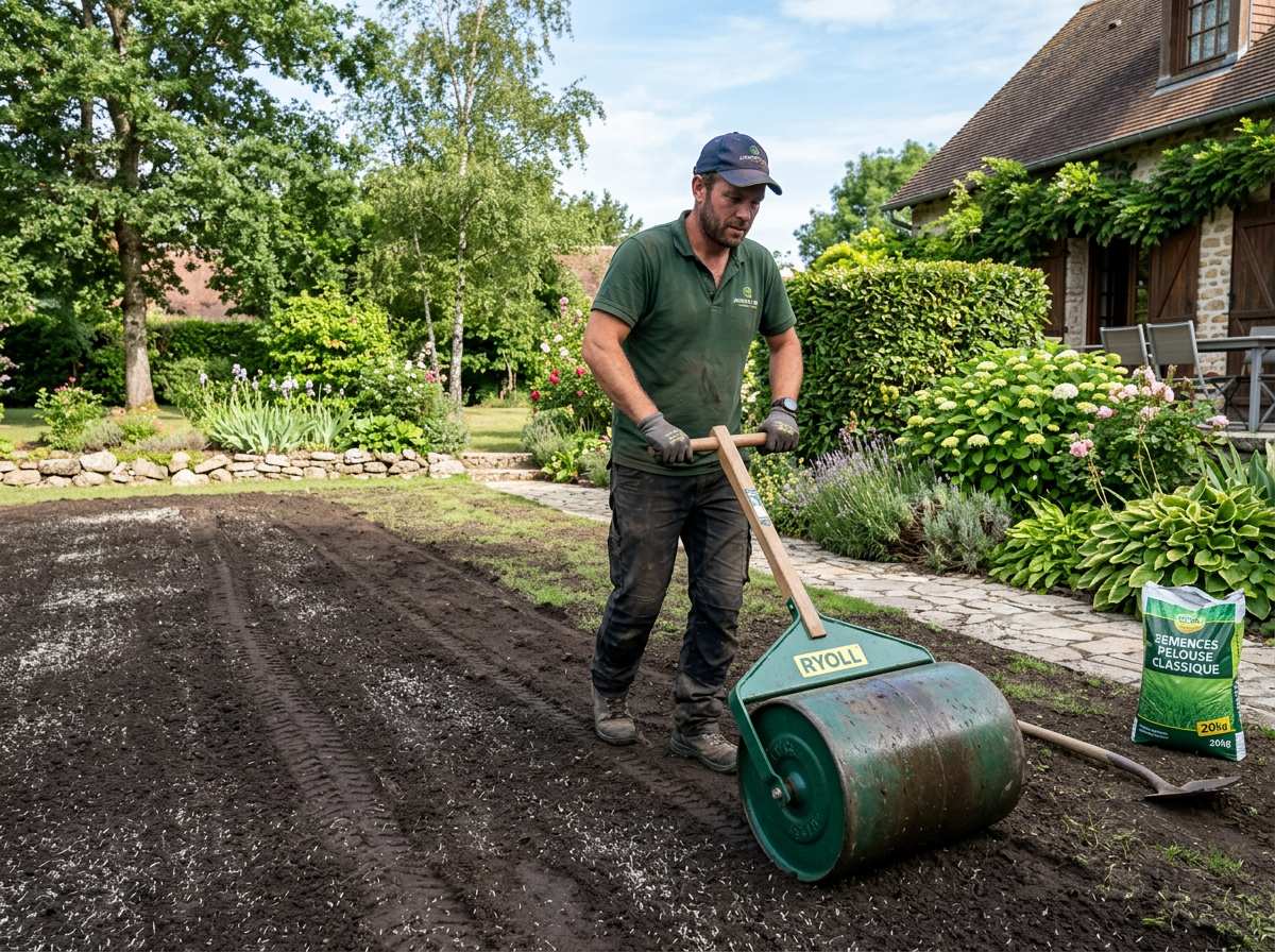 Refaire sa pelouse : guide complet pour obtenir un gazon magnifique étape par étape 2 paysagiste professionnel en train de refaire sa pelouse par semis dans un jardin