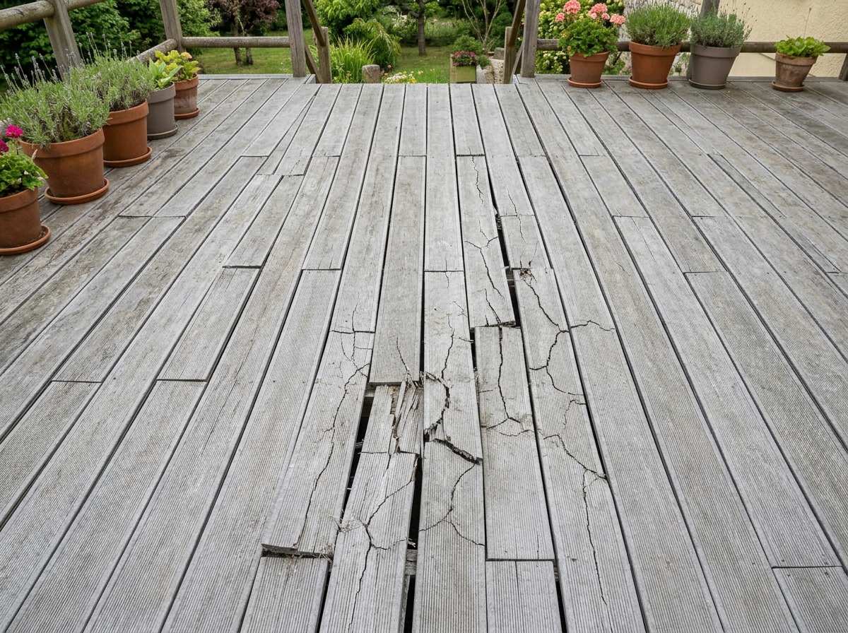 Lame composite fissurée après deux ans : droits, recours et solutions de réparation 1 lame composite fissurée sur terrasse extérieure après deux ans d'utilisation