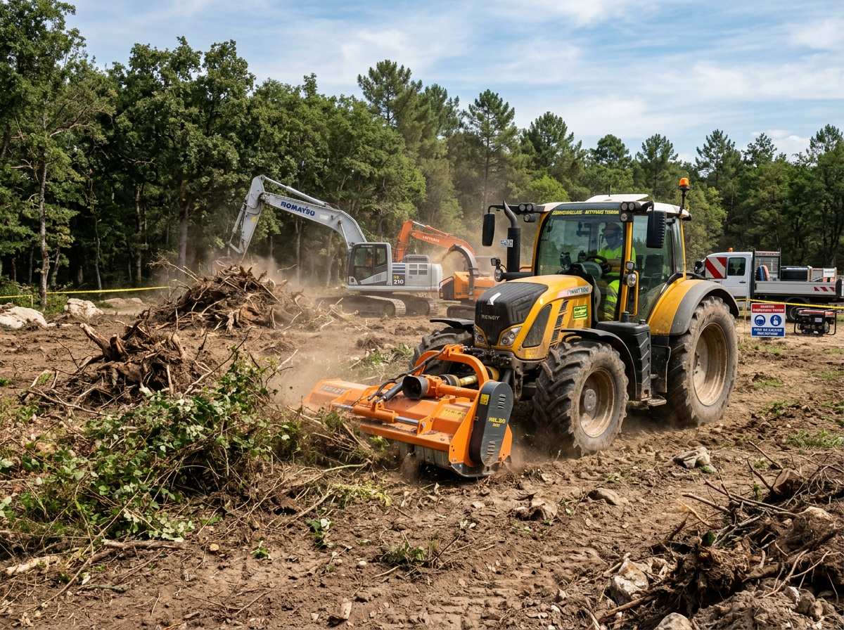 Préparer un terrain avant construction : Guide complet des étapes, décapage et calendrier Idéal 1 préparation terrain avant construction avec engin de débroussaillage et nettoyage