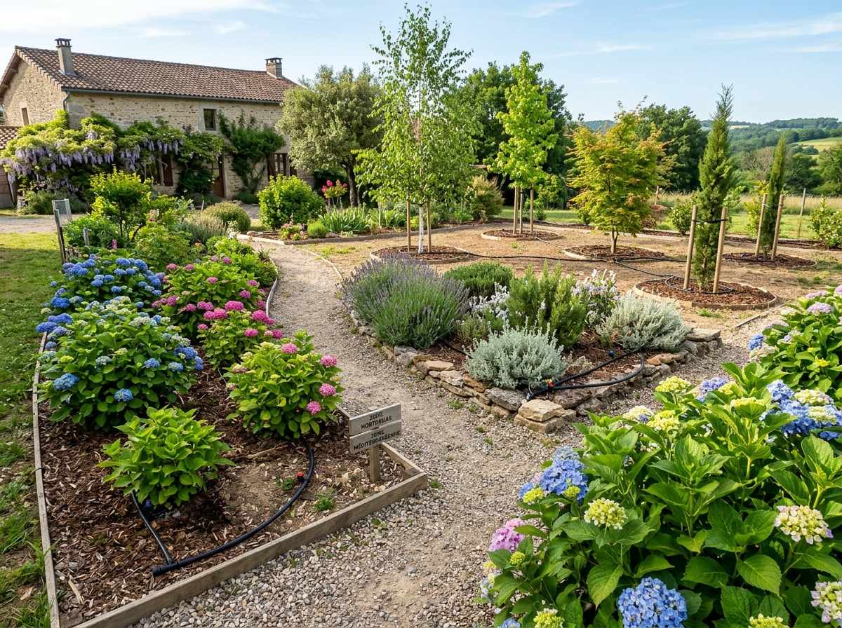Arrosage des massifs, hortensias et arbres : adapter l'apport en eau selon les besoins spécifiques 1 zones arrosage besoins différents dans un jardin avec massifs et arbres