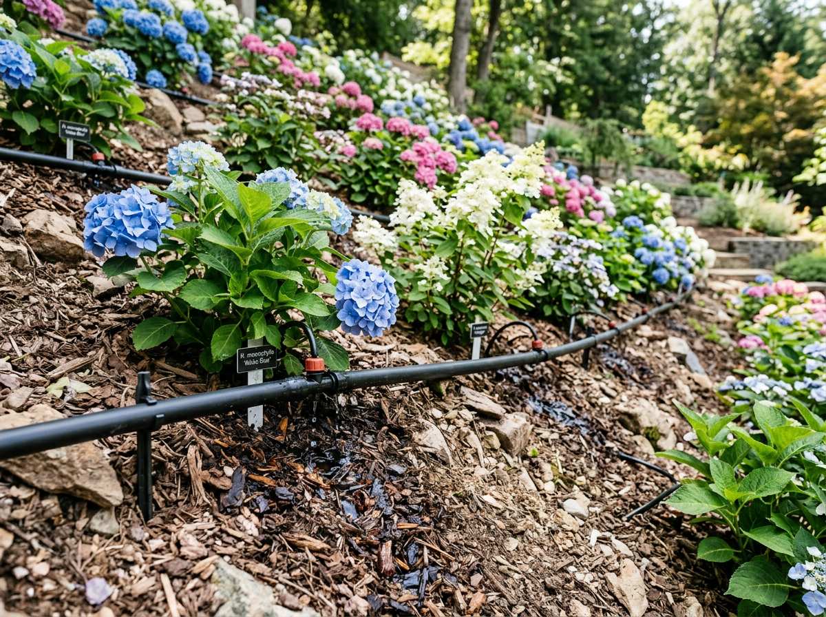 Arrosage des massifs, hortensias et arbres : adapter l'apport en eau selon les besoins spécifiques 2 réglage arrosage goutte-à-goutte zones besoins différents massifs hortensias